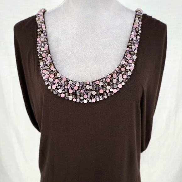 Escada Sport Top Womens Large Brown Blouse Pink Beads Neckline Stretch Knit - Picture 8 of 14